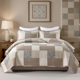 KALOOLA 100% Cotton Quilts Queen Size - Ultra Soft Lightweight Quilted Bedding Set 3 Pcs, Farmhouse Plaid Botanical Bedspread with 2 Pillow Shams, Rustic Bed Coverlet for All Season, Gray/Brown/Beige