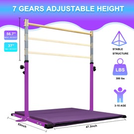 JOYSFIT Adjustable Gymnastics Bar for Kids with Mat - Sturdy Kip Bar with Rings, Horizontal Bar for Home Training, 3'-5' Height, Ages 3-15, 250 LBS Capacity, Easy Assembly.