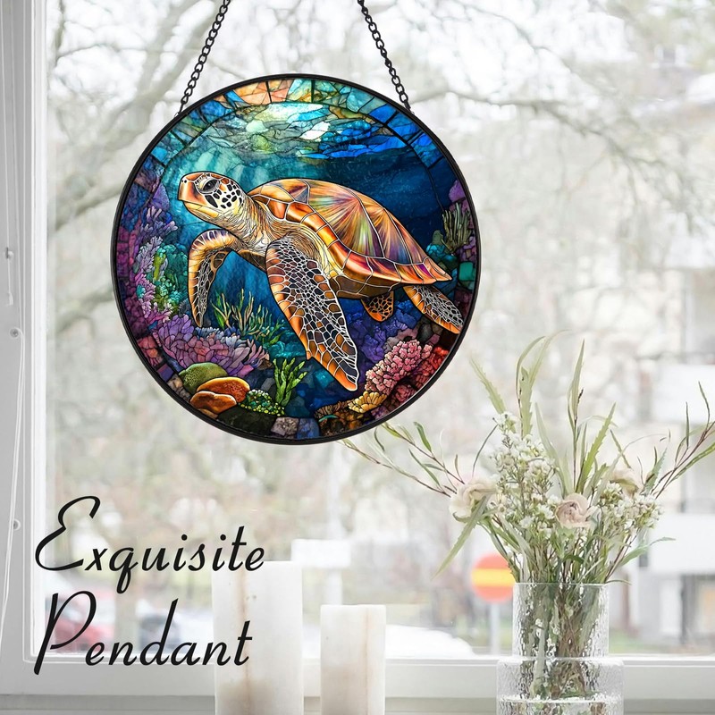 Zizzie Sea Turtle and Ocean Reef Round Suncatcher -7.9 in