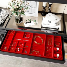 VEELIKE Bright Red Velvet Flocking Liner Self Adhesive Felt Drawer Liners for Jewelry Dresser 15.7''x118'' Removable Peel and Stick Red Fabric Velvet Wallpaper for Cabinet Wall Shelf Liner Art & Craft