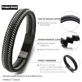 HALUKAKAH Plus ● Jazz ● Men's Genuine Leather Bracelet Titanium Magnetic Clasp Size Adjustable 8.5"-9"(21.5-23cm) with Free Giftbox (Gun Black)