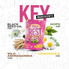 RARA Superfoods Rest USDA Organic Gummies Natural Sleep & Cognitive Support Supplement, Vegan & Gluten-Free, Infused with Ashwagandha, Hop Extract & Chamomile Extract (6 Gummies, Rest)
