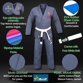 POZTEV Brazilian Jiu Jitsu Gi for Men & Women BJJ Gi Grappling Kimonos Preshrunk Lightweight Fabric Martial Arts Training Uniform With Free White Belt (White,A1)