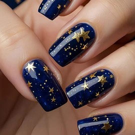 MISUD Press on Nails - Short Square Fake Nails with Blue Black, Acrylic Gold Star Design 24 pcs