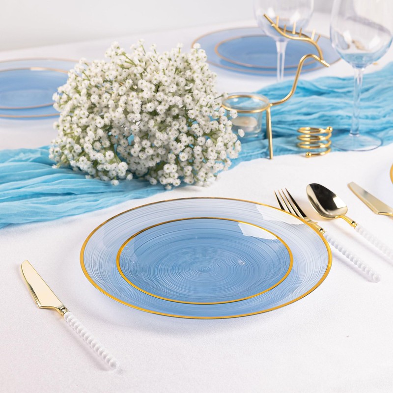 100PCS Blue Plastic Plates-Crystal Design Blue Disposable Plates with Gold
