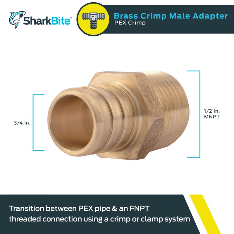 SharkBite 3/4 x 1/2 Inch Crimp MNPT Male Adapter, Brass