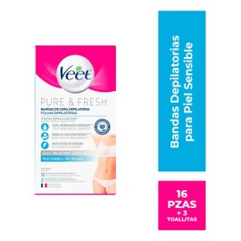 Hojas de cera depilatoria Axilas y bikini Veet Pure & Fresh Piel Sensible 16U Incluye toallitas