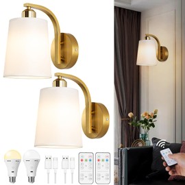 HOJOYRI Gold Battery Operated Wall Sconces Set of 2, Rechargeable Wireless Wall Lights with Remote, Non Wired Cordless Dimmable Battery Powered LED Wall Lamp Lighting Fixture for Bedroom, Living Room