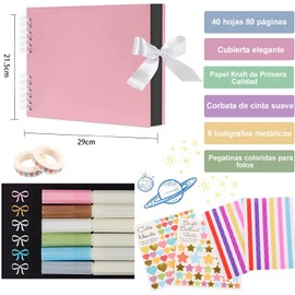 Álbum de fotos para álbum de recortes, Álbum de fotos de viaje, 80 páginas, Kit de álbum de recortes hecho a mano con pegatinas y bolígrafos para boda, graduación, aniversario, baby shower (Rosa)