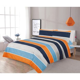 Sapphire Home Four (4) Piece Queen Size Print Sheet Set with Fitted, Flat and 2 Pillow Cases, Blue Orange Gray Stripes Print Multicolor Boys Kids Girls Teens Bedding Sheets, (Sheet, QN, Navy/Orange)