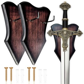 FLURSAILE Sword Plaque Wall Mount Vertical Display Holder Adjustable Stand for Bow Medieval Dagger Axe (2pcs Medium Brown)