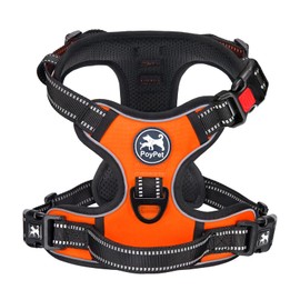 PoyPet No Pull Dog Harness with Neck Release Buckle, Reflective No-Choke Harness with 2 Leash Clip, Adjustable Soft Padded Pet Vest with Easy Control Handle for Large Dogs (Orange,L)