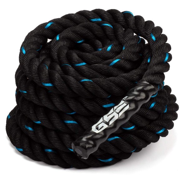 GSE 30ft/40ft/50ft Exercise Training Battle Ropes with Anchor Kit, 100% Poly Dacron Heavy Battle Rope for Home Gym & Outdoor Strength Training, Workout Exercise Rope (Blue & Black, 1.5" x 40')
