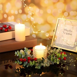 WILLBOND 4 Pieces 9.5" Mini Christmas Wreaths for Kitchen Cabinet Small Christmas Candle Rings Red Berries Wreath Pillar Candle Rings Xmas Hanging Garlands for Front Door Fireplace Window Decor