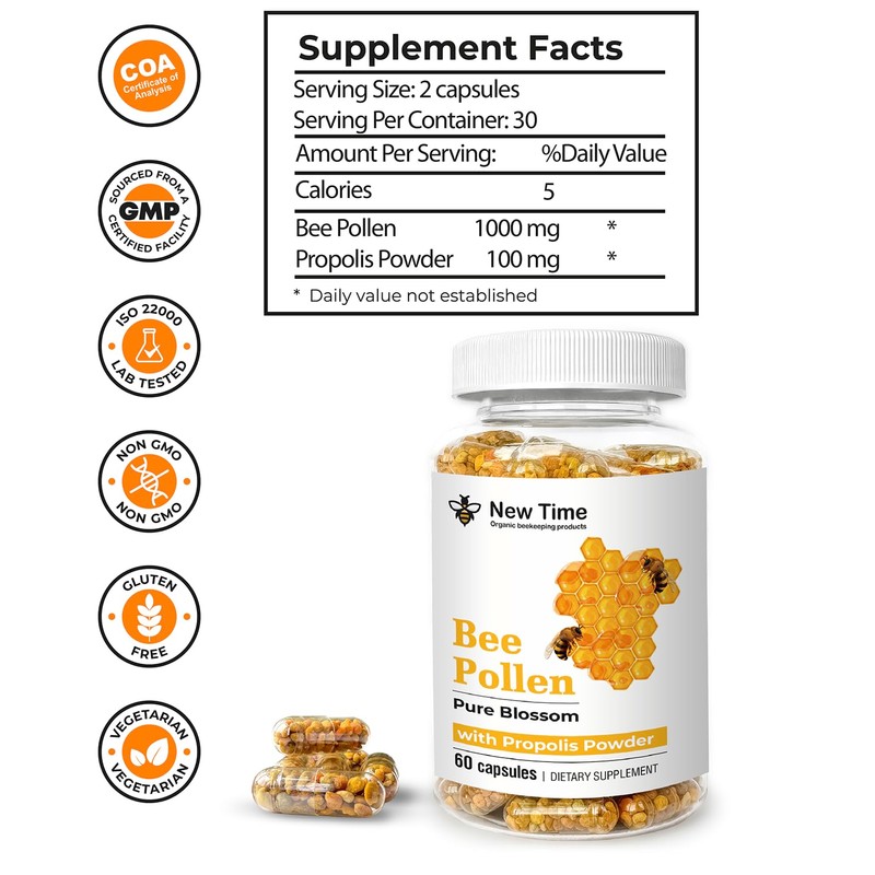 Bee Pollen Capsules with Propolis – Organic Supplement for Energy,