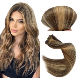 Sew in Human Hair Extensions Medium Brown with Caramel Blonde Highlight Real Human Hair Sew in Extensions 12 Inch Full Head Blonde Balayage Hair Extensions Weft Bundles Hand Tied