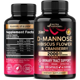 D-Mannose 2000mg with Cranberry & Hibiscus - Clinically Tested Strength for Urinary Tract Health - Supplement for Women - Bladder, Liver & Microflora Support - Made in USA - Vegan, 120 Capsules