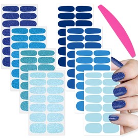 SILPECWEE 8 Sheets Nail Stickers Full Nail Wraps (Blue Solid & Glitter), Self Adhesive Nail Polish Strips, Gel Strips Design Fingernail Sticker Nails for Women with File