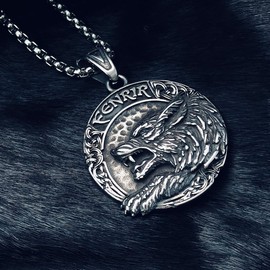 bahamut Mens Viking Fenrir Wolf Valknut Pendant Necklace Stainless Steel,Cool Vintage Norse Amulet Jewelry Viking Gifts for Men (Silver Fenrir Wolf)