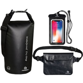 Freegrace - Juego de 3 bolsas secas impermeables con 2 cierres de cierre y correa de hombro desmontable, bolsa de cintura y funda para teléfono, se pueden sumergir en agua, para natación (negro, 5L)