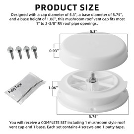 Aussio 2-Pack Mushroom Style RV Roof Vent Cap with Putty Tape and Screws, Universal RV Attic Mushroom Plumbing Vent Cover Replacement for Camper Trailer Ceiling Roof Plumbing Ventilator Cap - White