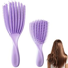Detangle Hairbrush Set 2-Pack, Curved Shell No-Pull Brush for Curly & Wet Hair, Gentle Scalp Massage Detangler for All Hair Types & Extensions, Ideal for Women Men Kids (Purple)