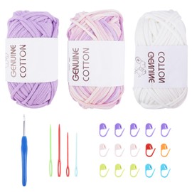 FOGAWA Pack of 3 Crochet Yarn, Thick Cotton Yarn for Crochet, Chunky Crochet Yarn for Beginners, Simple Yarn with Crochet Accessories for Baskets, Carpets, Clothing, Bags (White, Light Purple, Pink