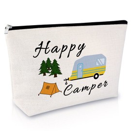 Sazuwu Camper Gifts for Her Makeup Bag Camping Lover Gifts for Women Happy Camper Themed Gifts Cosmetic Bag Funny Camping Gifts for Adults Girls Trip Gifts Vacation Gifts for Friends Travel Pouch