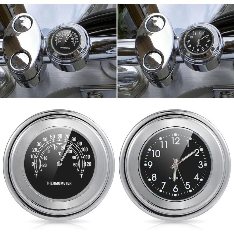 MASO 2pcs 7/8 Inch Motorcycle Handlebar Clock and Thermometer Universal