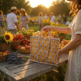 Third Eye Export Hand Block Printed Cotton Quilted Tote Bag For Women – Work Laptop Travel Beach Bag, Oversized Beach Essentials Handbags For Women 18x16 (Gamboge Cherry Block Print)