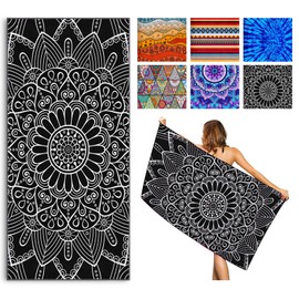 Invool Beach Towel, Extra Large 180x80cm Quick Dry Microfiber Towel for Adult, Lightweight Sand Free Towel, Perfect for Swimming, Travel, Camping, Gym, Yoga, Vacation (Mandala Black)