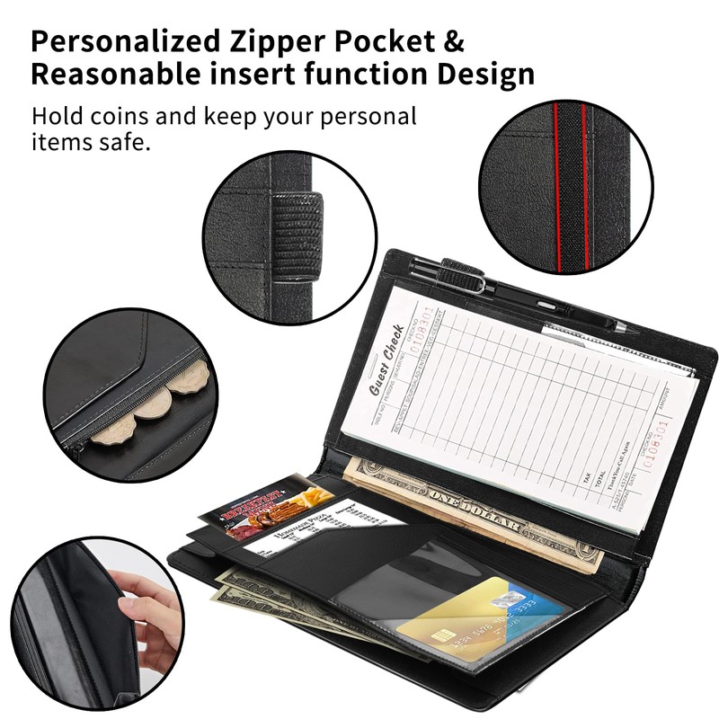 Server Books for Waitress Book,Leather Server Book with Zipper Pocket,Fit