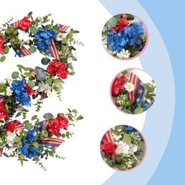 Egolot Patriotic Hydrangea Red White Blue Flower Garland Wreath for Front Door, Forth of July Independence Day Indoor Outdoor Decor Garland, American Flag Ribbon Floral Home Decor