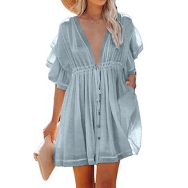 Beautiful Nomad Women's Summer Beach Cover Up V Neck Ruffle Short Sleeve Pleated Boho Swimwear Dress
