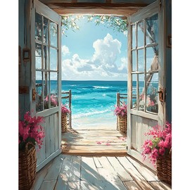 RICUVED DIY Beach Door Paint by Numbers for Adults, Landscape Adult Paint by Number Kits on Canvas Painting Brushes Acrylic Pigment Drawing Paintwork 16x20 in Without Frame