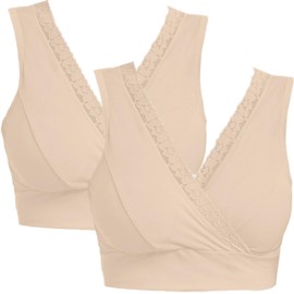 Dress Cici 2 Apricot Front Cross Cotton Nursing Bra, V Neck Lace Maternity Sports Bras, Wireless Sleep Bra Asia Size XXL, 2 PCS