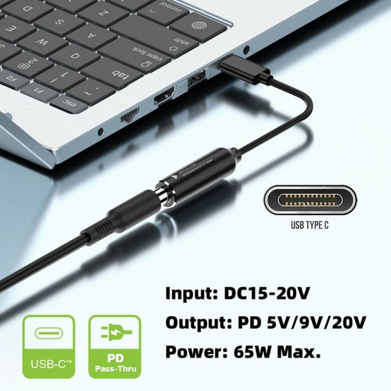 20V DC 4.5 x 3.0mm Adapter to USB-C, 65W Laptop
