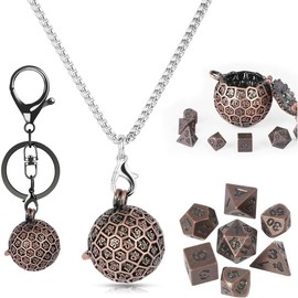 Mini DND Dice Set, D100 Hollow Metal Dice Necklace, 7PCS Tiny D&D Dice with Keychain for Dungeons and Dragons, RPG, Portable Dice Case(Ancient Red Copper) - Color: Antique Silver Red Points