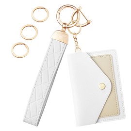 OHKYOOT Leather Wristlet Keychain,Wallet Keychain Car Key Chain with 3 Key Ring,Anti-Lost D Ring and Mini Wallet (White)