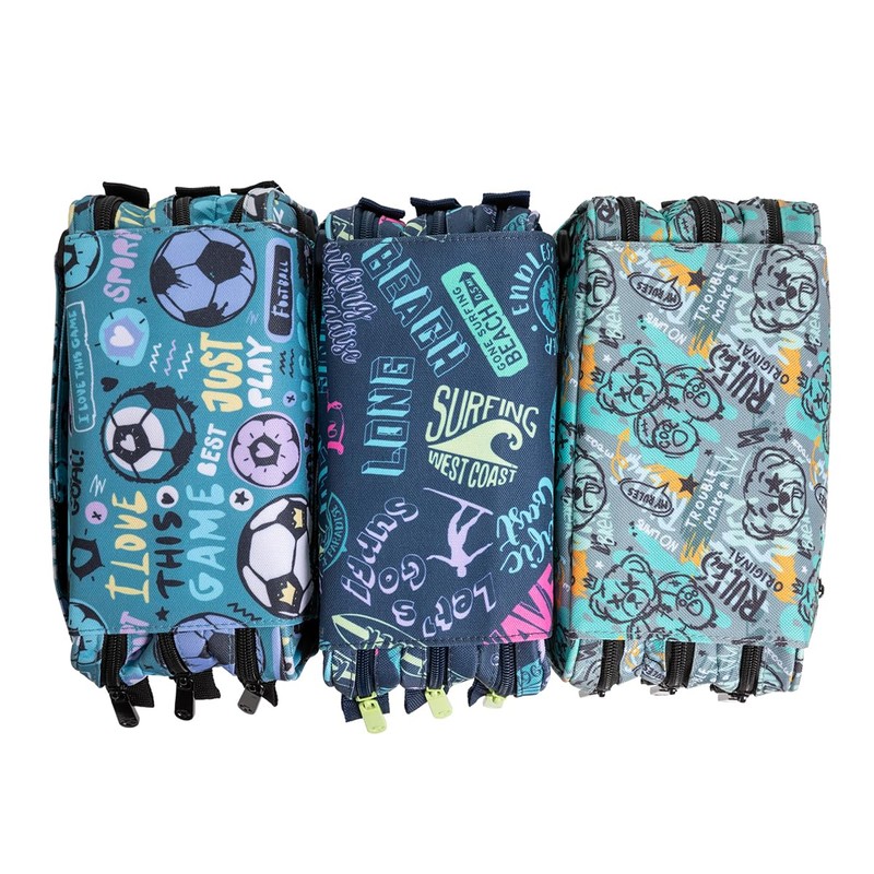 ColePack Design-Etui mit 3 Reißverschlüssen und Schulmaterial der ersten Marken