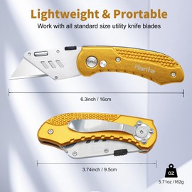 Box Cutter Heavy Duty Utility Knife, Razor Knife, Lightweight Aluminum Handle, Back-lock Mechanism, Stainless Belt Clip, with 5-piece Extra Blades, for Carpet, Carton, Box, Cardboard Yellow