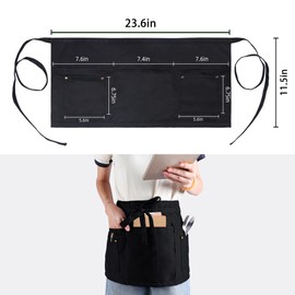 MIKI WELL Waitress Apron with 5 Pockets - Black Waist Apron Short Half Work Aprons for Waitress Waiter Women Men Chef (Black-2 Pack)
