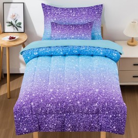 JQinHome Toddler Bedding Sets for Girls,5 Piece Bed in A Bag 3D Blue Purple Comforter Set with 2 Pillowcases,1 Flat Sheet,1 Fitted Sheet(Blue Purple)