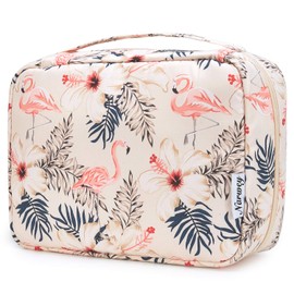 Travel Hanging Toiletry Wash Bag Makeup Cosmetic Organizer for Women Waterproof (Beige Flamingo)
