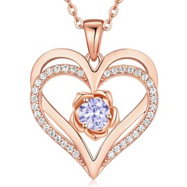 CDE Rose Flower Love Heart Birthstone Necklaces for Women 925 Sterling Silver Rose Gold Jewelry for Wife Girlfriend Mom Daughter Lady Her for Anniversary Birthday Christmas Gift (Rose Gold-06-June)