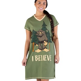 Lazy One Women's Nightgown, Funny V-Neck Sleep Shirt for Women, Bigfoot Pajama Tee (I Believe, L/XL)