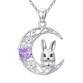 Lvoryance Rabbit Necklace for Women 925 Sterling Silver Cute Bunny with Purple Amethyst in Moon Pendant Necklace for Gifts