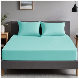 Plain Dyed Bedding Fitted Bedsheets, Soft & Comfy Double Bed Sheet, Breathable Non Iron Percale Sheets, Aqua