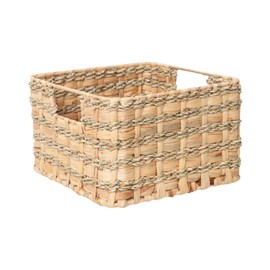 Handmade Square Water Hyacinth and Seagrass Storage Basket - Artisan Woven Rustic Organizer with Metal Frame for Home Decor, Shelf, and Closet (Small(10.6"x10.6"x6.7"H))