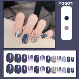 YOGOTI Nail Tip, Short, Gel Nail, Nail Seal, False Nails, Spring and Summer Nails, Round Tip, Cute, Glitter, Oval, Short 3D Nails, 24 Pieces, Nail Supplies, Double Sided Tape Included, Nail Art Tool